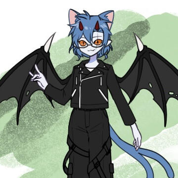 A picrew of myself! I’ve got a dyed blue shoulder-length hairstyle, orange, cat-like eyes, I’m smiling slightly and wearing a black leather jacket. Since the picrew let me add fantasy-ish features, I gave myself cat ears, bat wings, greyish skin and a tail