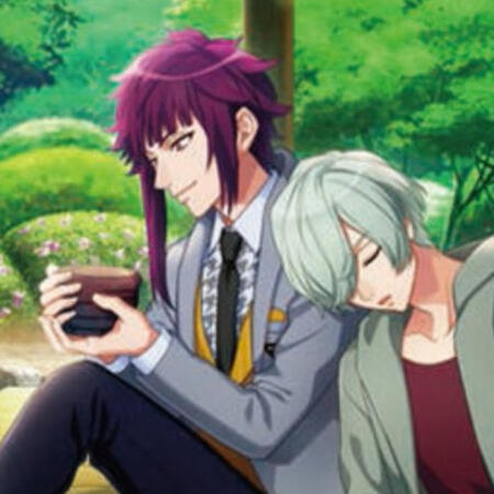 art of homare and hisoka. homare is looking down at a matcha bowl while hisoka is leaning against his shoulder, asleep